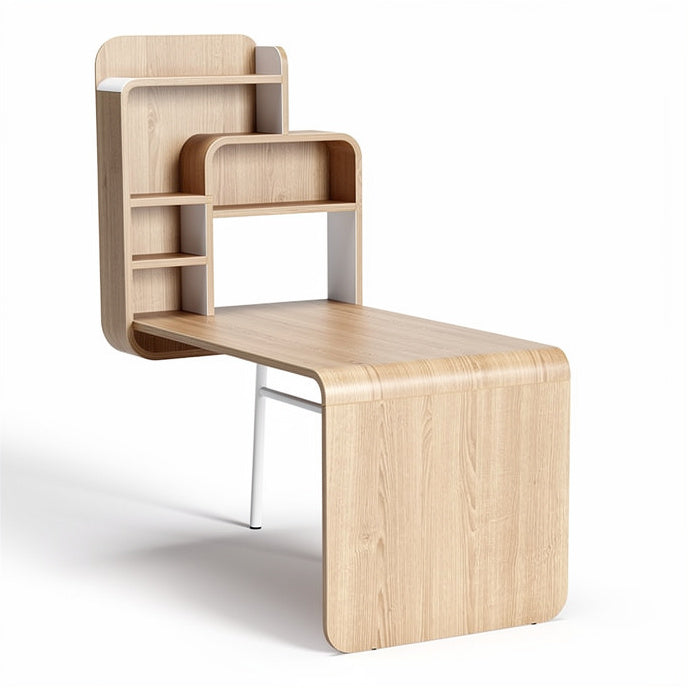 **Technische titel in het Nederlands: **Moderne houten bureau met geïntegreerde opslagplanken**