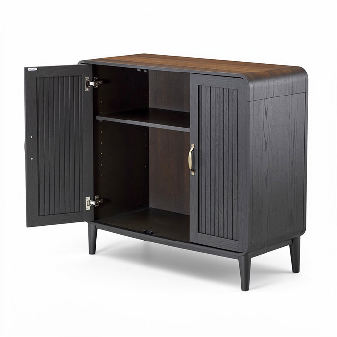 **Technische Titel in het Nederlands: Modern houten dressoir met dubbele deur en planken**