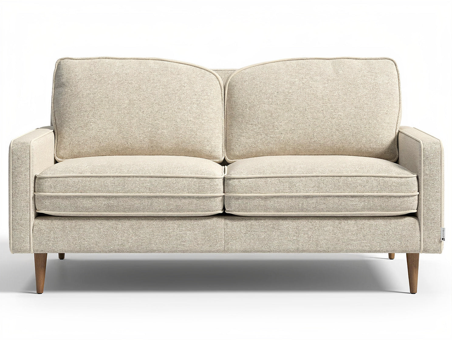 **Nederlandse technische titel: Moderne beige bank met houten poten en zacht textiel**